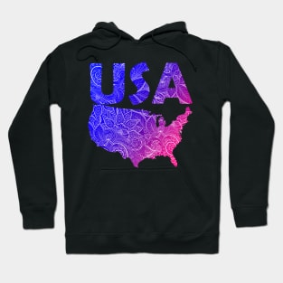 Colorful mandala art map of the United States of America with text in blue and violet Hoodie